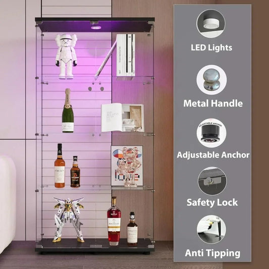 Display Cabinet, 64.5" H 4 - Shelf LED Lights Glass Display Cabinet with Double Door, Modern Curio Cabinet Collection Display Case - RISE DEFENSE SYSTEMS.AI PRODUCTS