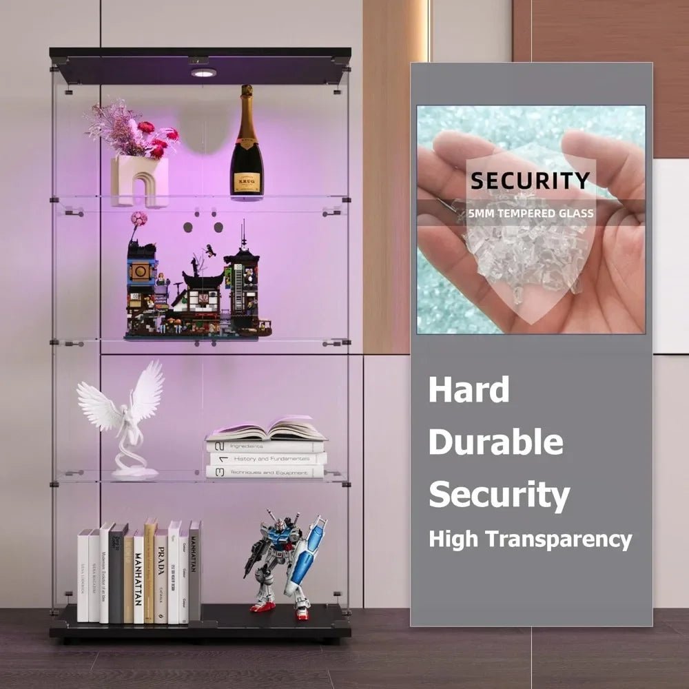 Display Cabinet, 64.5" H 4 - Shelf LED Lights Glass Display Cabinet with Double Door, Modern Curio Cabinet Collection Display Case - RISE DEFENSE SYSTEMS.AI PRODUCTS