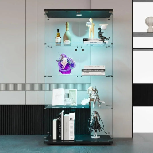Display Cabinet, 64.5" H 4 - Shelf LED Lights Glass Display Cabinet with Double Door, Modern Curio Cabinet Collection Display Case - RISE DEFENSE SYSTEMS.AI PRODUCTS
