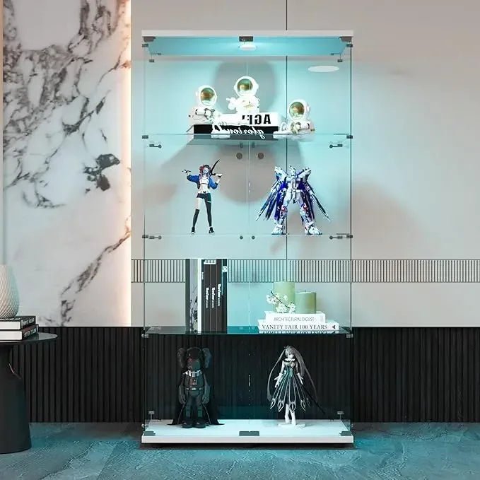 Display Cabinet, 64.5" H 4 - Shelf LED Lights Glass Display Cabinet with Double Door, Modern Curio Cabinet Collection Display Case - RISE DEFENSE SYSTEMS.AI PRODUCTS
