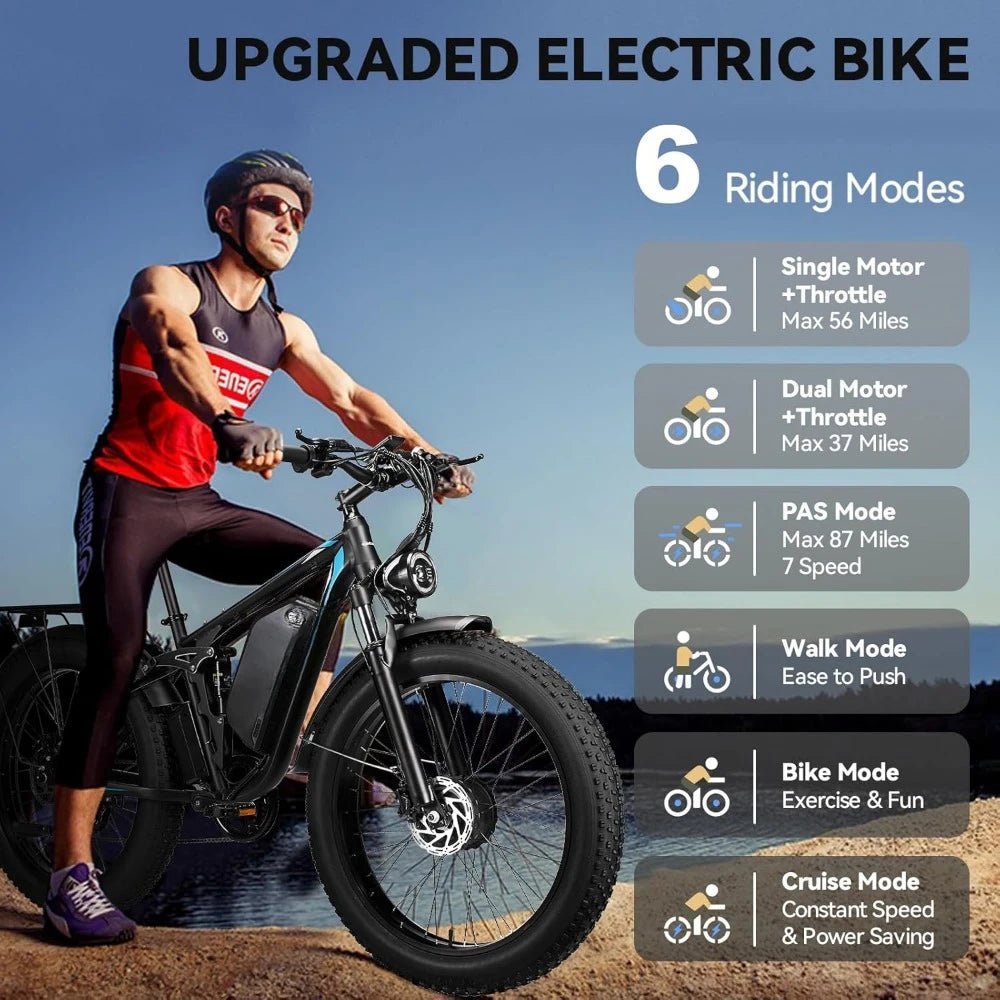 Dual Motor 3000W Peak Electric Bike , 52V23AH Battery, Up To 37MPH 87 Miles Range, Full Suspension, Electric Bicycle - RISE DEFENSE SYSTEMS.AI PRODUCTS