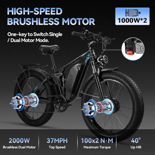 Dual Motor 3000W Peak Electric Bike , 52V23AH Battery, Up To 37MPH 87 Miles Range, Full Suspension, Electric Bicycle - RISE DEFENSE SYSTEMS.AI PRODUCTS