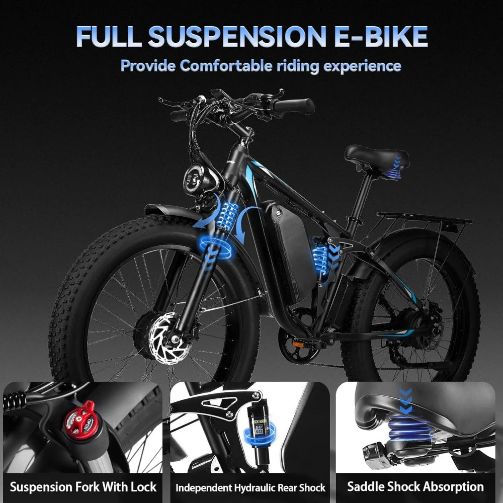 Dual Motor 3000W Peak Electric Bike , 52V23AH Battery, Up To 37MPH 87 Miles Range, Full Suspension, Electric Bicycle - RISE DEFENSE SYSTEMS.AI PRODUCTS