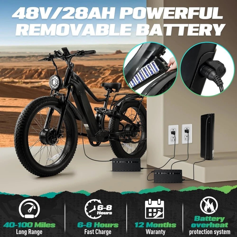 Dual Motor Electric Bike for Adults 40MPH with 48V 28AH Battery, 26x4 Fat Tire All Terrain Ebikes, Full Suspension E Bike - RISE DEFENSE SYSTEMS.AI PRODUCTS