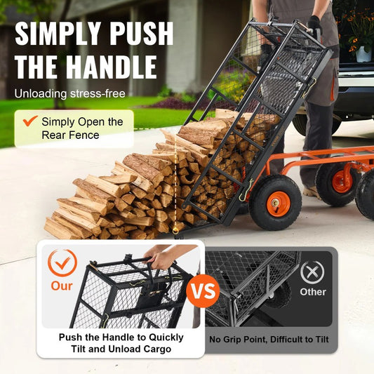 VEVOR Dump Cart Metal Garden Dump Cart with Easy to Assemble Frame Dump Wagon with 2-in-1 Convertible Handle Utility Wheelbarrow 400 lbs Capacity 10 inch Tires RISE DEFENSE SYSTEMS.AI PRODUCTS