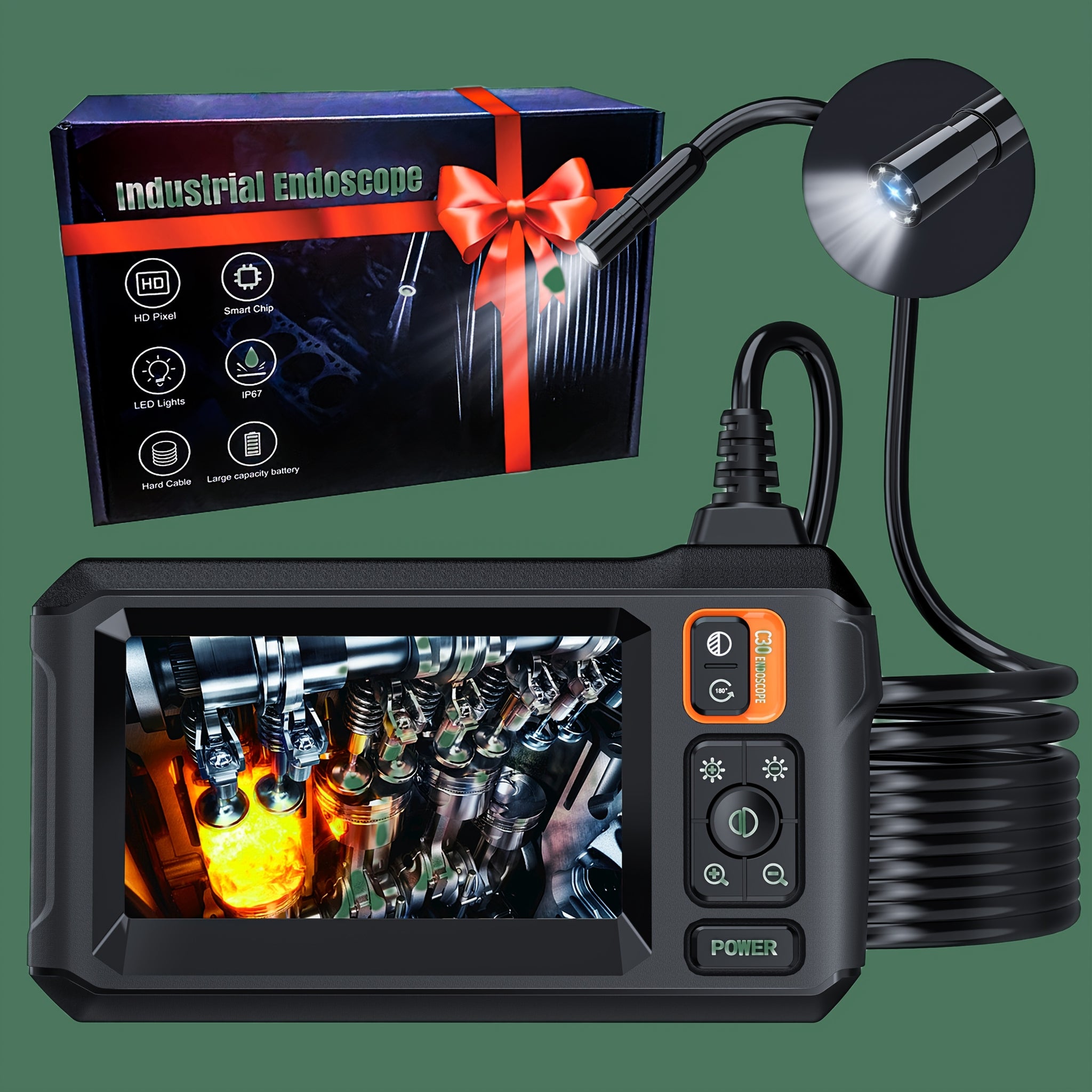 1pc 1080P HD Borescope Endoscope Camera with Light, 4.3