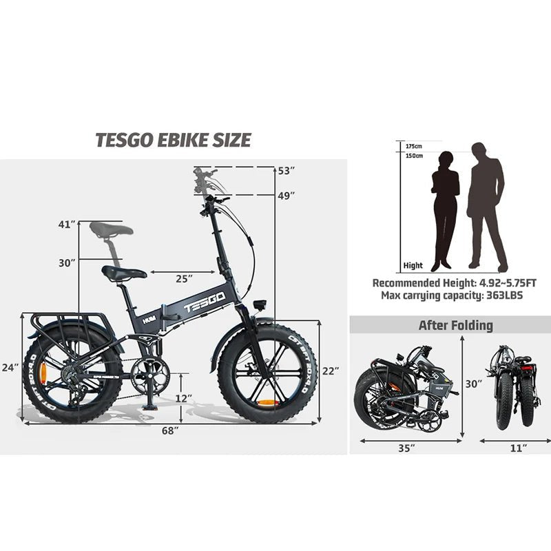 Ebike 1000W adult electric bike, TESGO folding electric bike 48V 17.4AH 20" fat tyres, full suspension hydraulic brake - RISE DEFENSE SYSTEMS.AI PRODUCTS