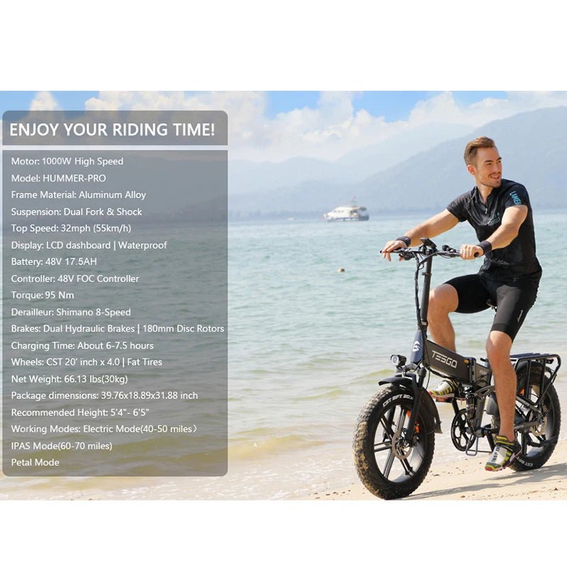 Ebike 1000W adult electric bike, TESGO folding electric bike 48V 17.4AH 20" fat tyres, full suspension hydraulic brake - RISE DEFENSE SYSTEMS.AI PRODUCTS