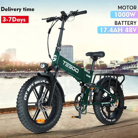 Ebike 1000W adult electric bike, TESGO folding electric bike 48V 17.4AH 20" fat tyres, full suspension hydraulic brake - RISE DEFENSE SYSTEMS.AI PRODUCTS