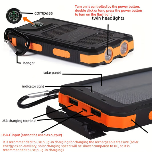 UltraLast 10000mAh Solar Power Bank - High-Capacity Portable Charger with Flashlight, USB, Type-C, Micro Interface, Compass, LED Flashlight and Hiking Buckle for Long-Lasting Durability, Travel, Camping, and Outdoor Adventure RISE DEFENSE SYSTEMS.AI PRODUCTS
