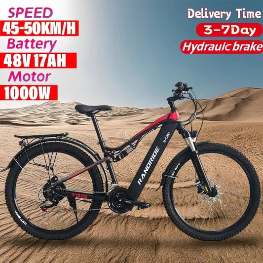 RANDRIDE YG90 Electric Bicycle 1000W 48V17AH Hydraulic Brake Ebike with Full Suspension 21 Gears Shift Free Rack - RISE DEFENSE SYSTEMS.AI PRODUCTS