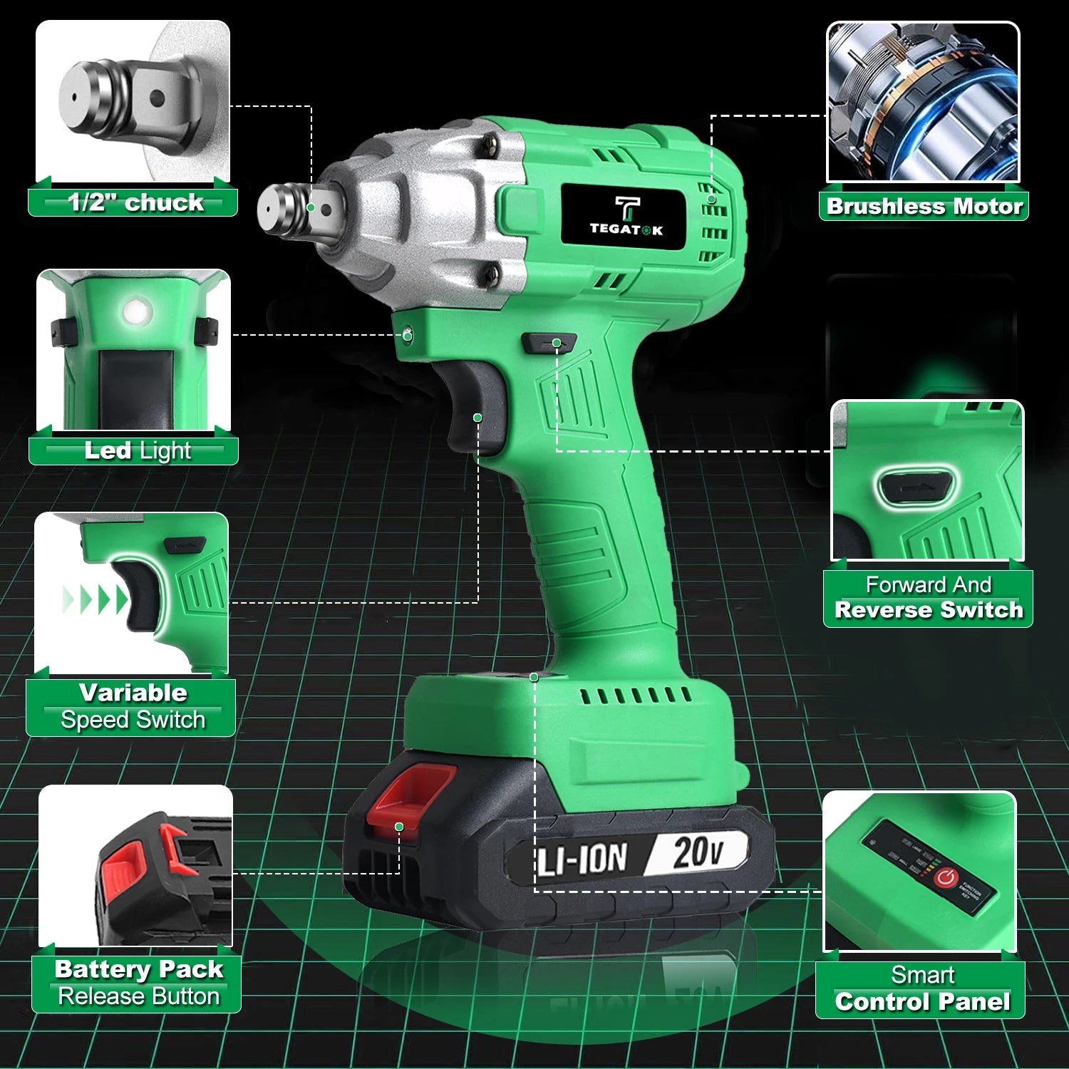 Tegatok 20V rechargeable 1/2 - inch impact wrench, Father's Day gift, 320 Nm and 3200 IPM high torque - RISE DEFENSE SYSTEMS.AI PRODUCTS