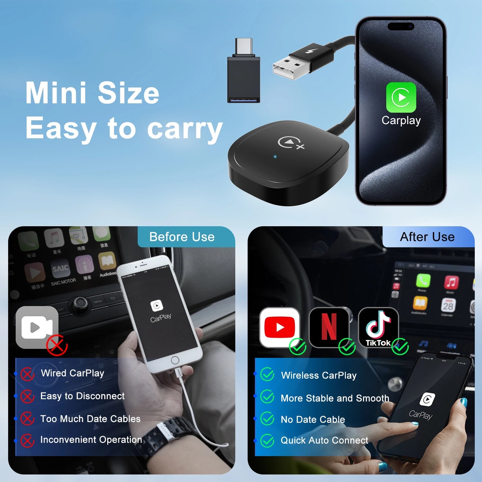 Wireless Video Carplay Adapter with Netflix/YouTube/ TikTok for OEM Wireless CarPlay Cars - RISE DEFENSE SYSTEMS.AI PRODUCTS